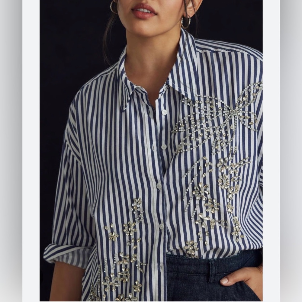 Striped Navy and White rhinestone embellished Shirt